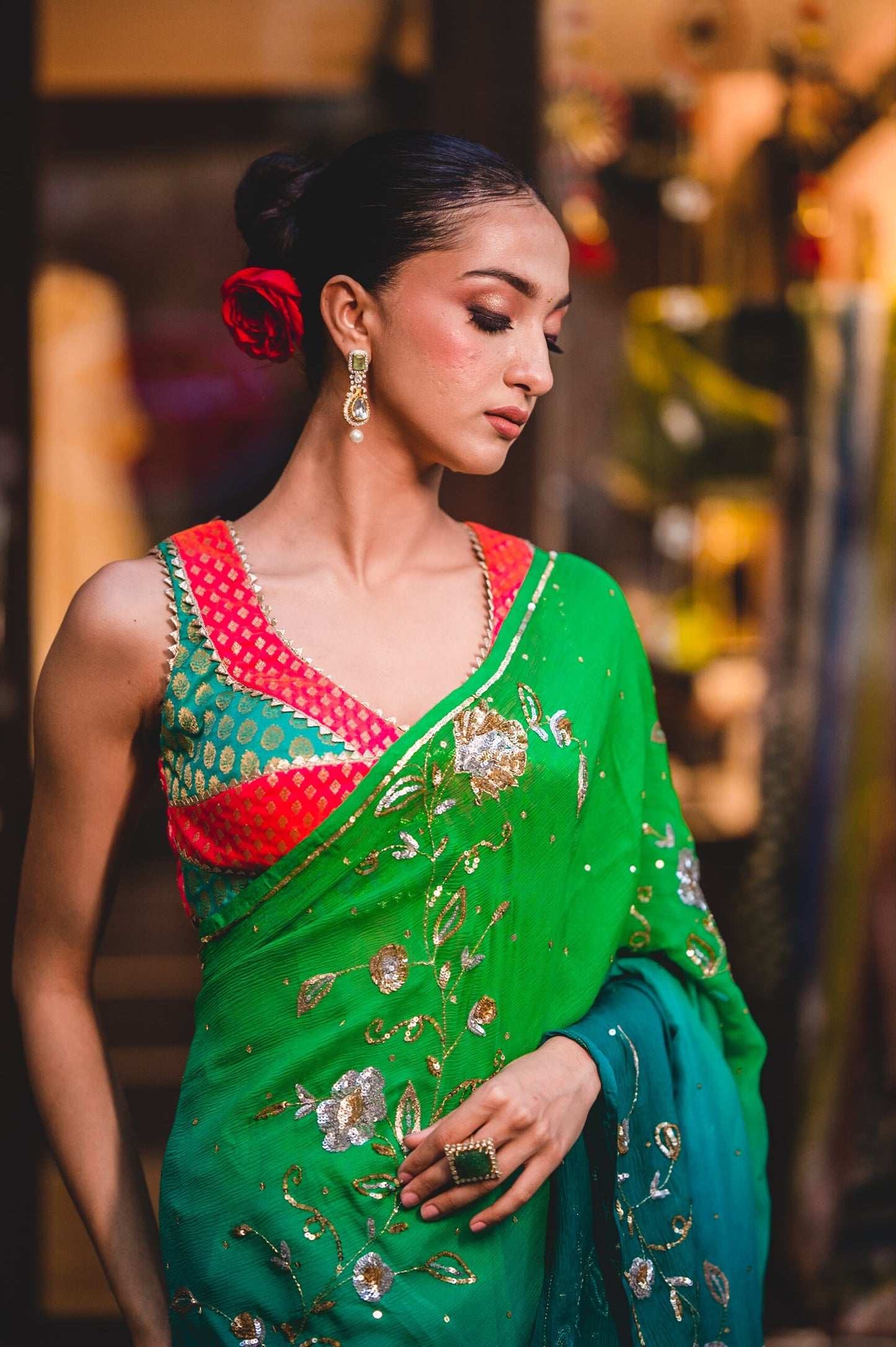 Green Blue Chiffon Saree