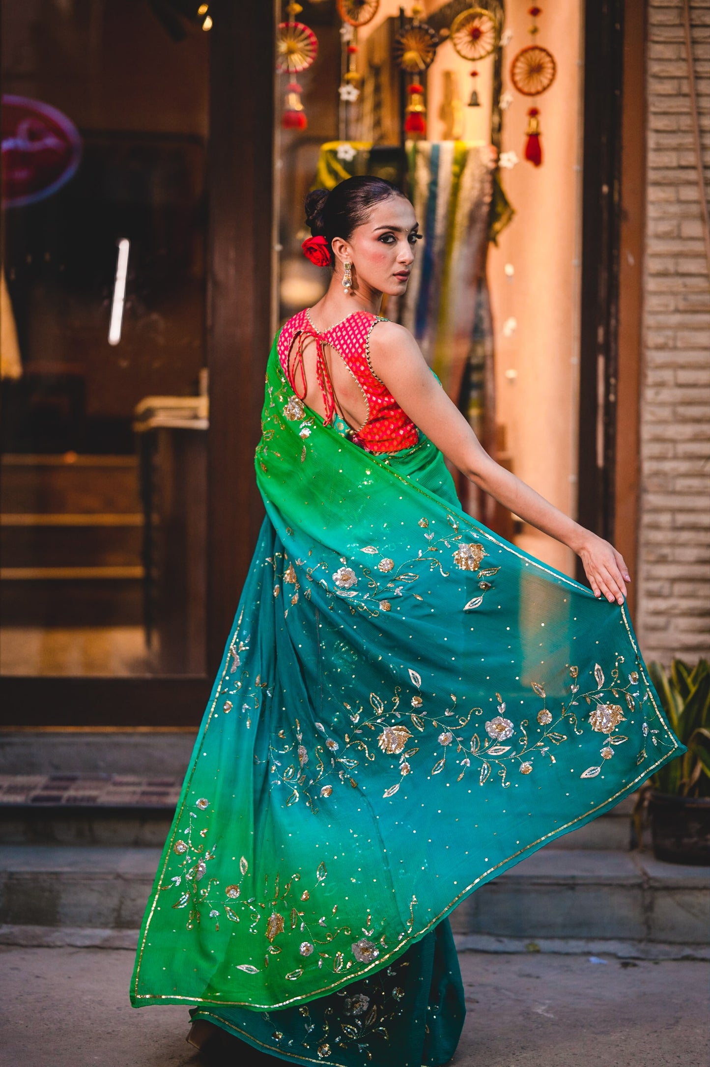 Green Blue Chiffon Saree