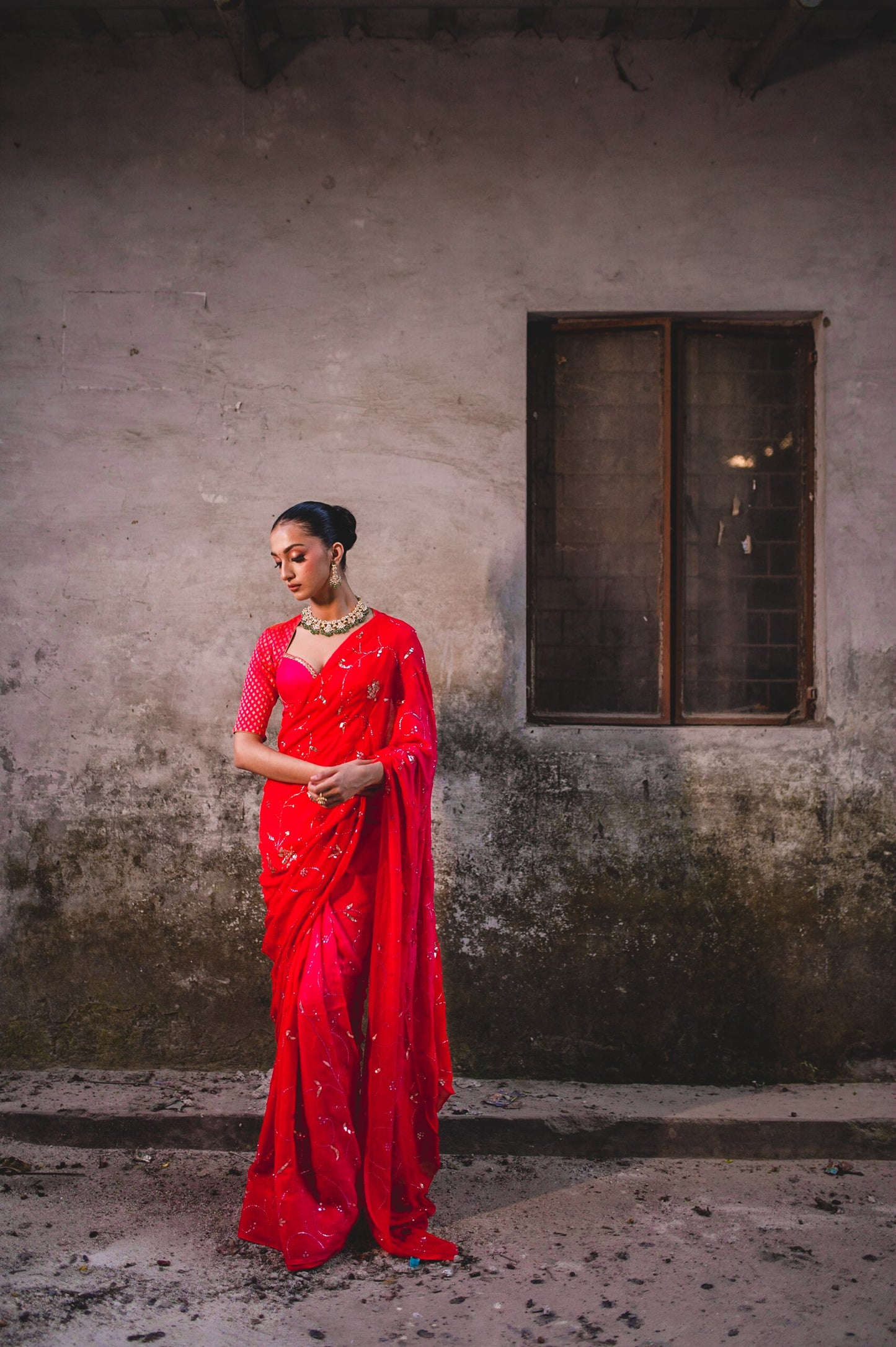 Red Mergenta Chiffon Saree