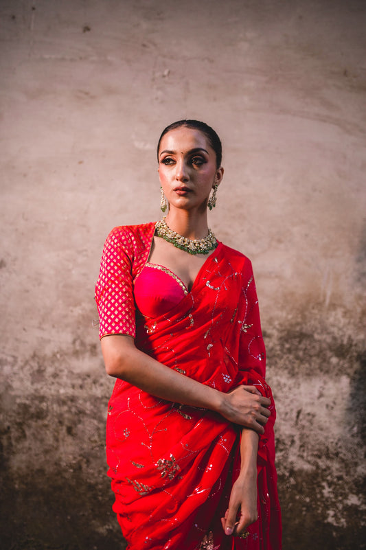 Red Mergenta Chiffon Saree