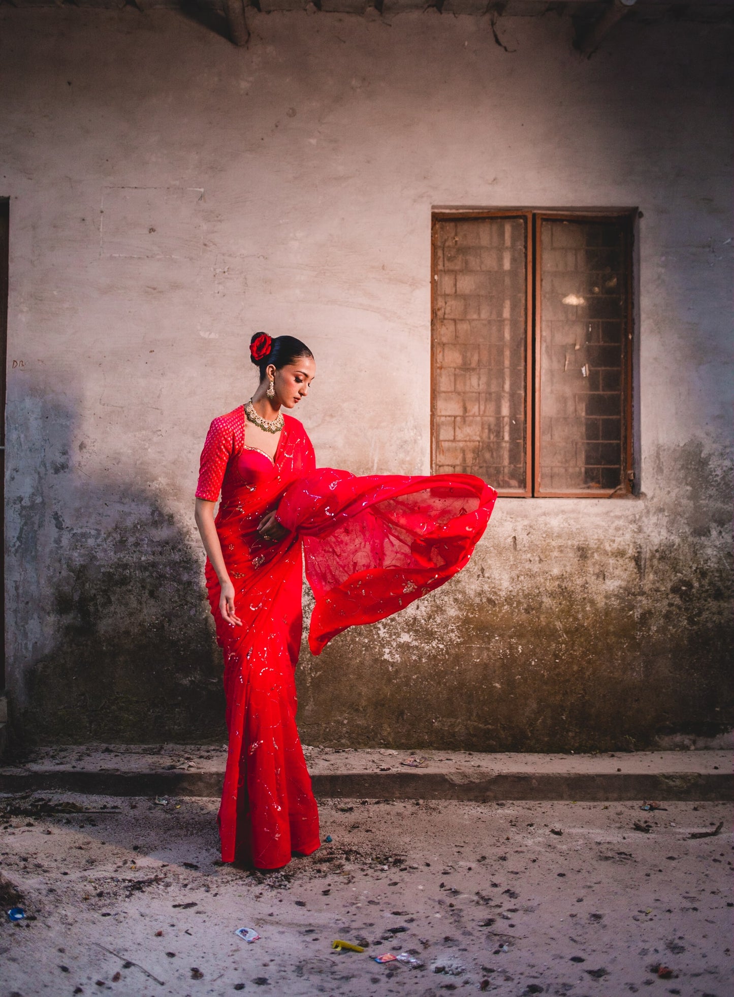 Red Mergenta Chiffon Saree