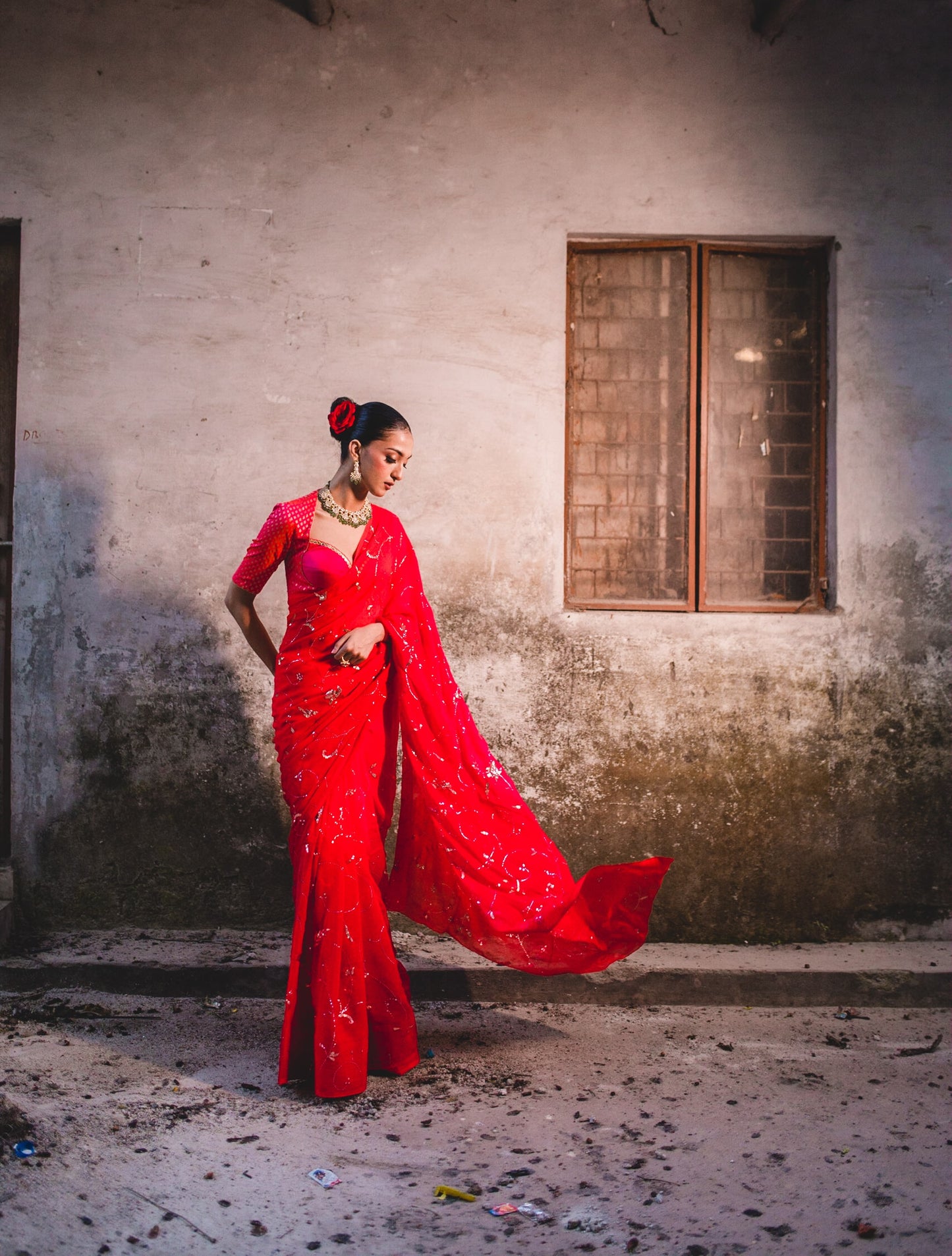 Red Mergenta Chiffon Saree