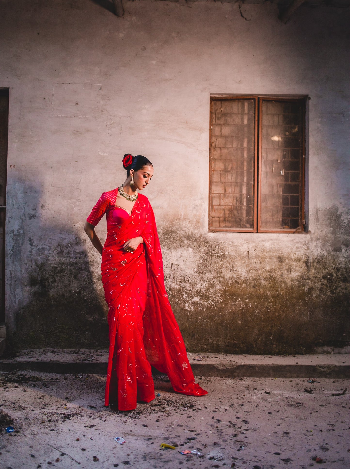 Red Mergenta Chiffon Saree