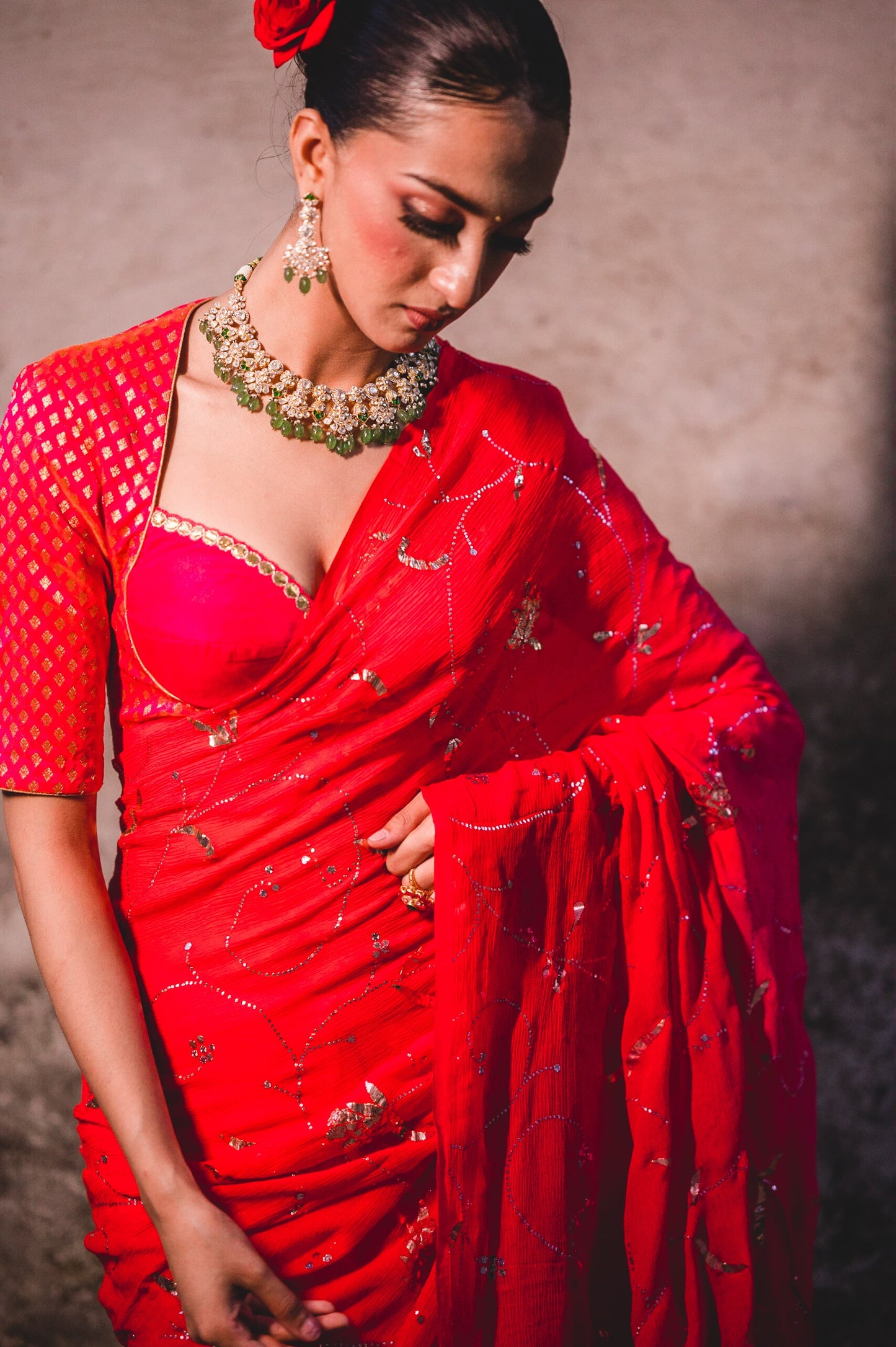 Red Mergenta Chiffon Saree