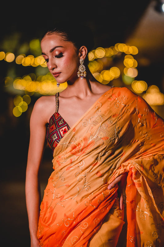 Yellow Orange Chiffon Saree