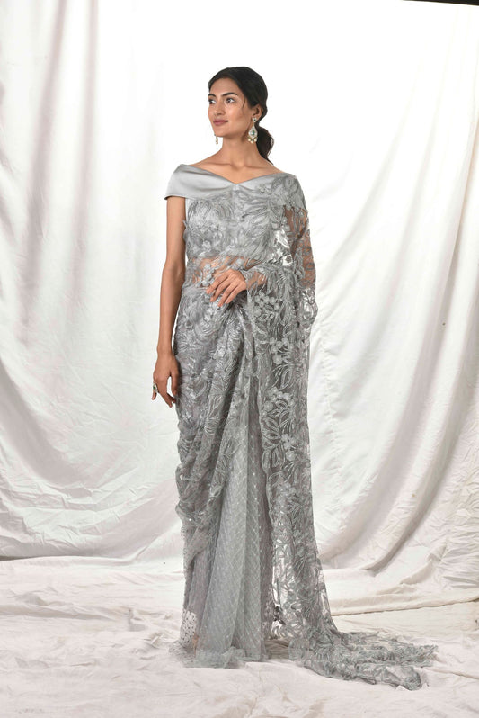 Steel Grey net Saree & blouse Set