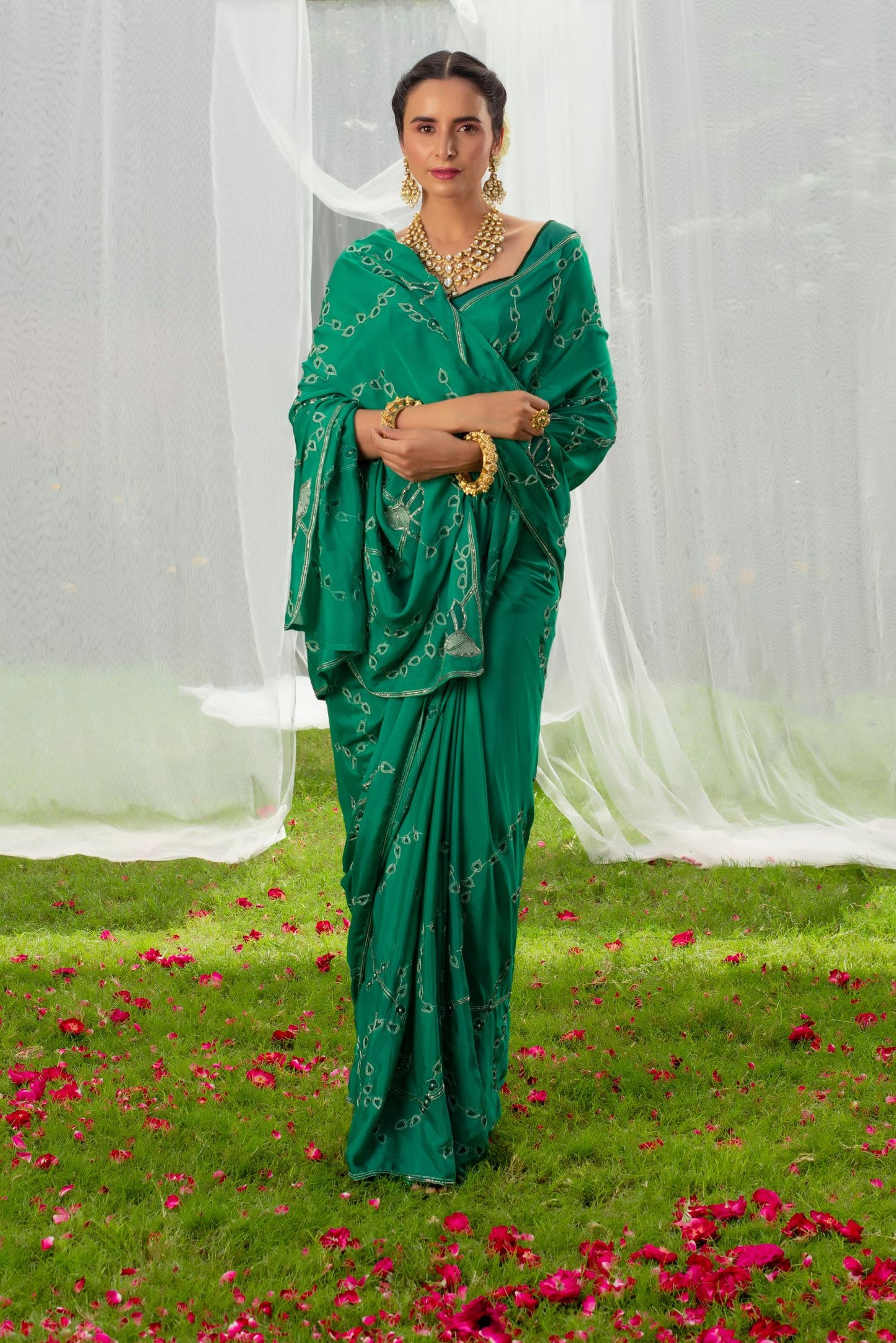 Green Chinnon Chiffon Saree & Blouse Set