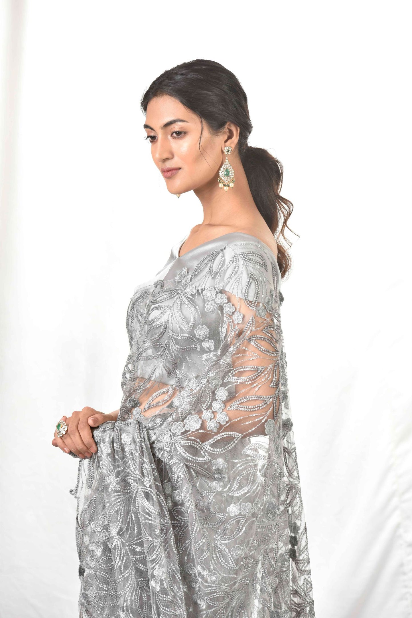 Steel Grey net Saree & blouse Set