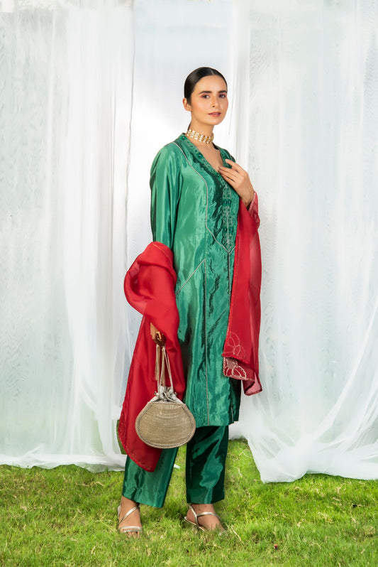 Green Poly Silk kurti, pant & stole Set