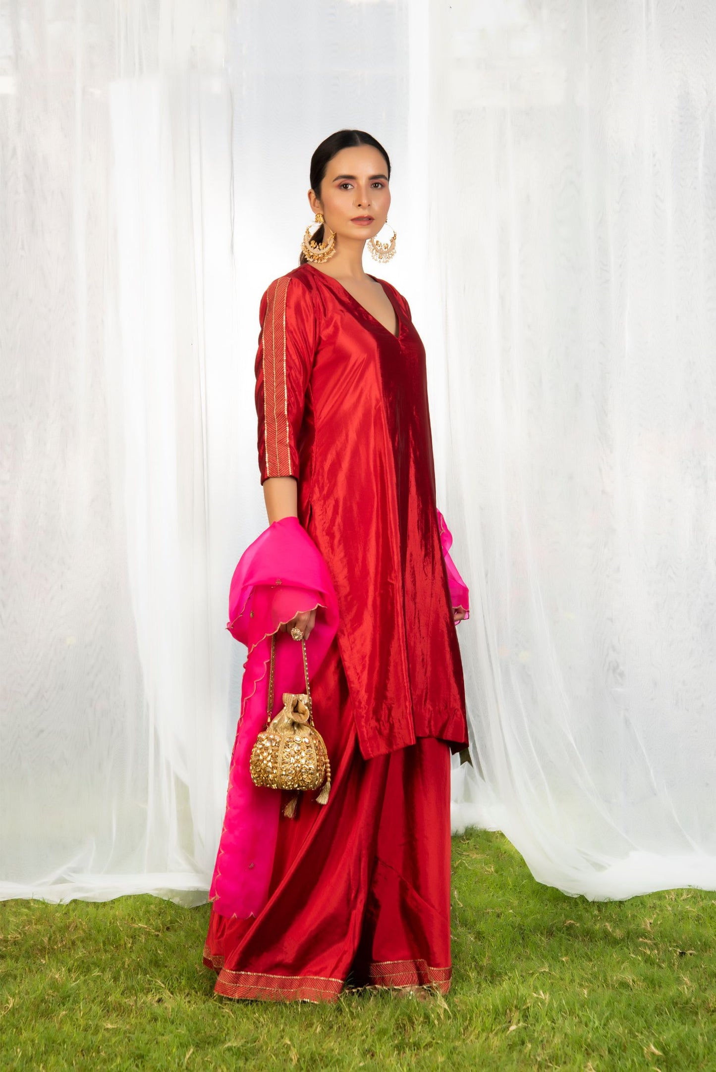 Red Poly Silk kurti, pant & stole Set